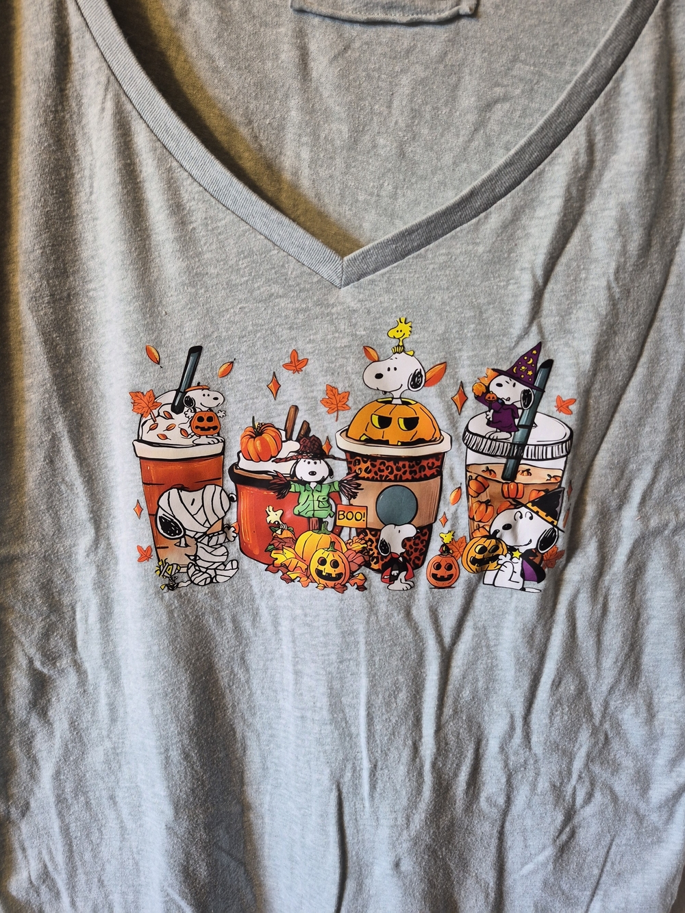 Peanuts Halloween Graphic V-Neck Tee - Light Gray